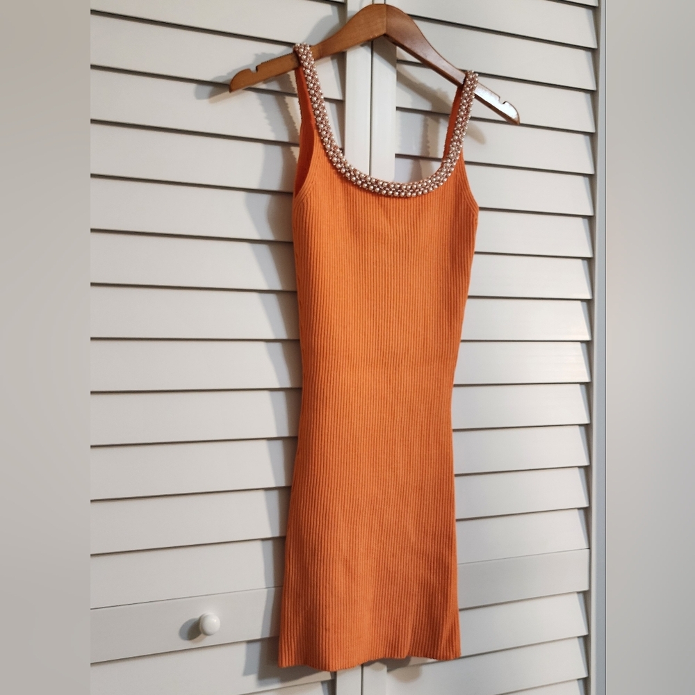 Zara Orange Stretch Ribbed Knit dress w/pearls Bloggers favorite Trendy Size S